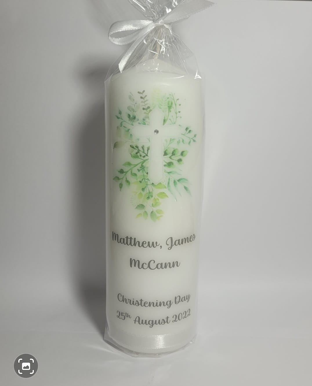 Green Leaf & Cross Christening candle