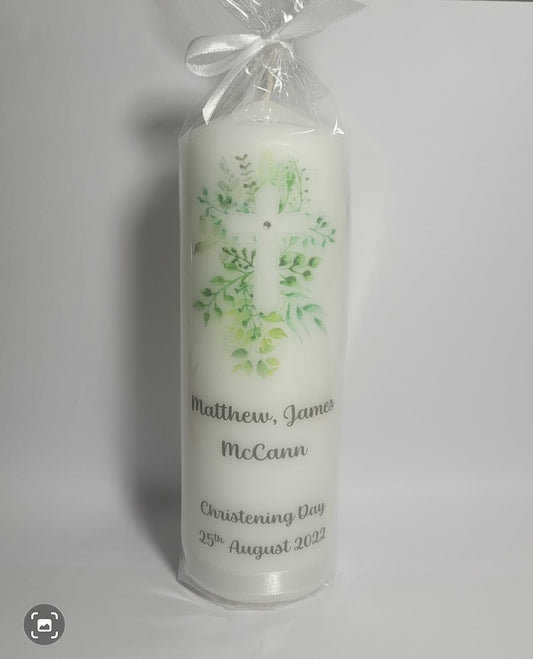 Green Leaf & Cross Christening candle